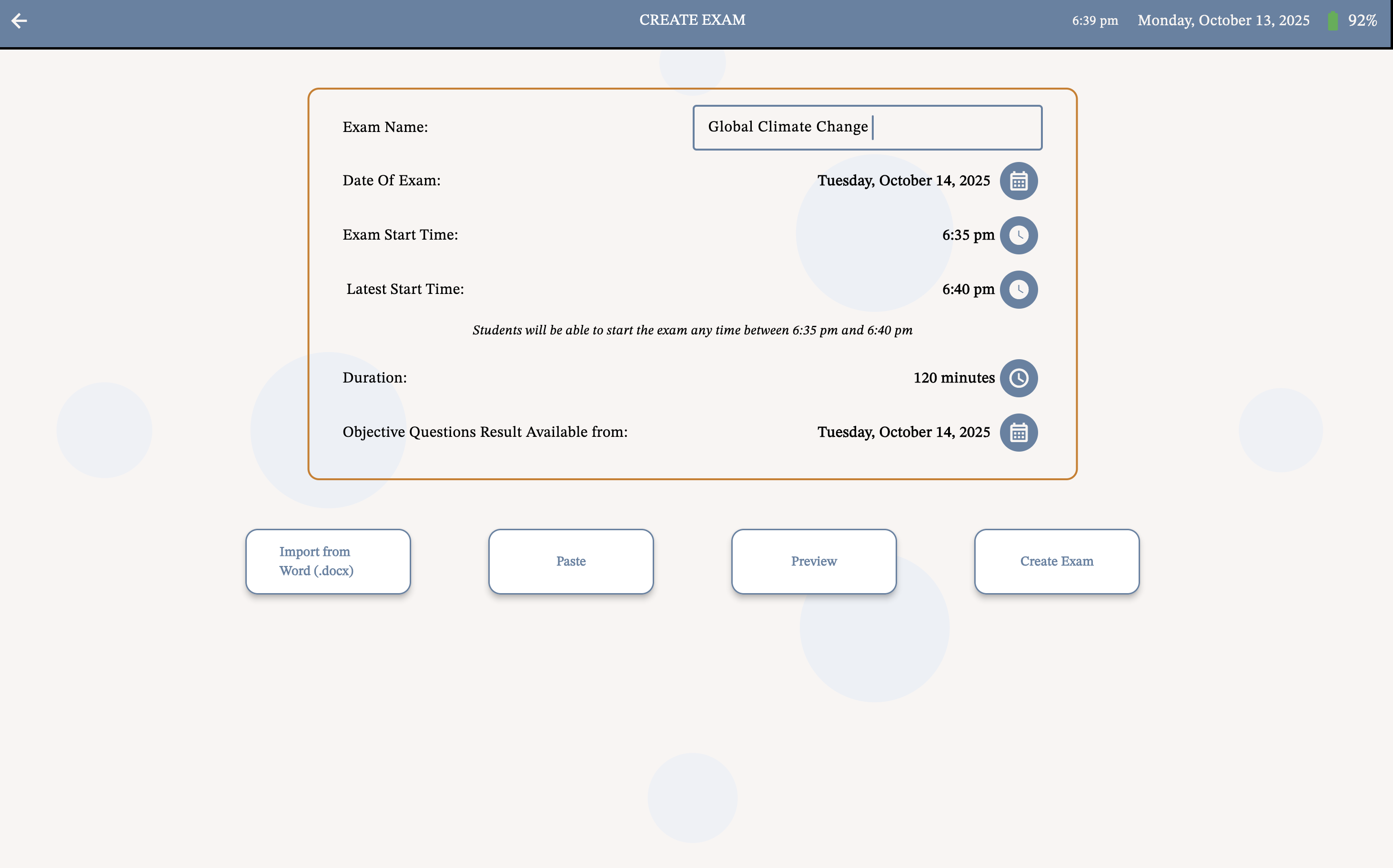 Create Exam Preview Page